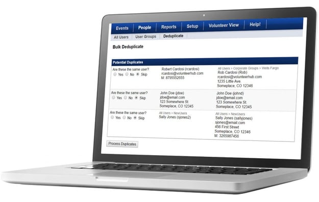 Screenshot of VolunteerHub Intelligent Deduplication functionality on a laptop