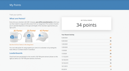 VolunteerHub’s Point-Based Rewards and Recognition Features.