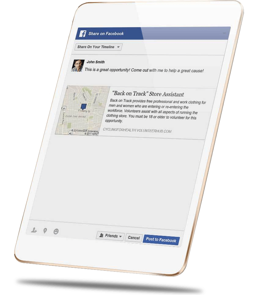 On a tablet, a user shares a volunteer opportunity on Facebook.