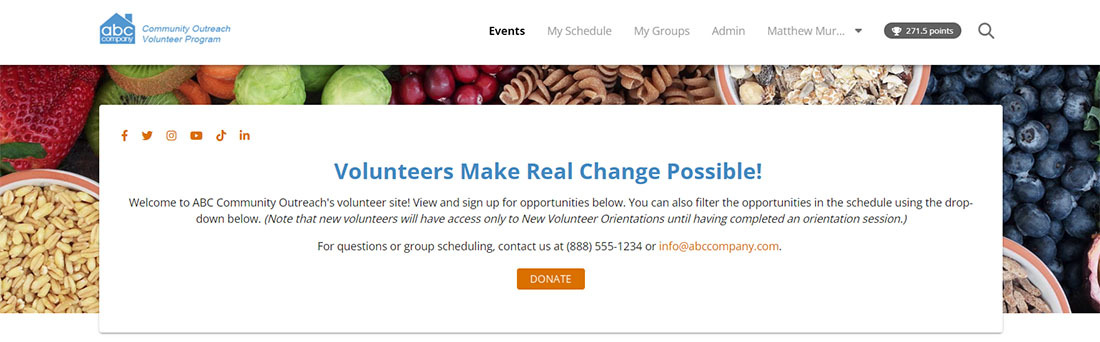 Screenshot of a VolunteerHub landing page with social icons